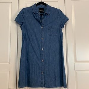 ZARA TRAFALUC SHORT SLEEVE DENIM DRESS RAW HEM WITH FRONT POCKET BLUE